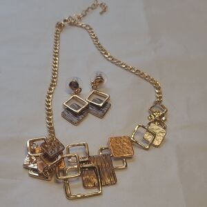 Gold and Brown Geometric Necklace and Earring Set